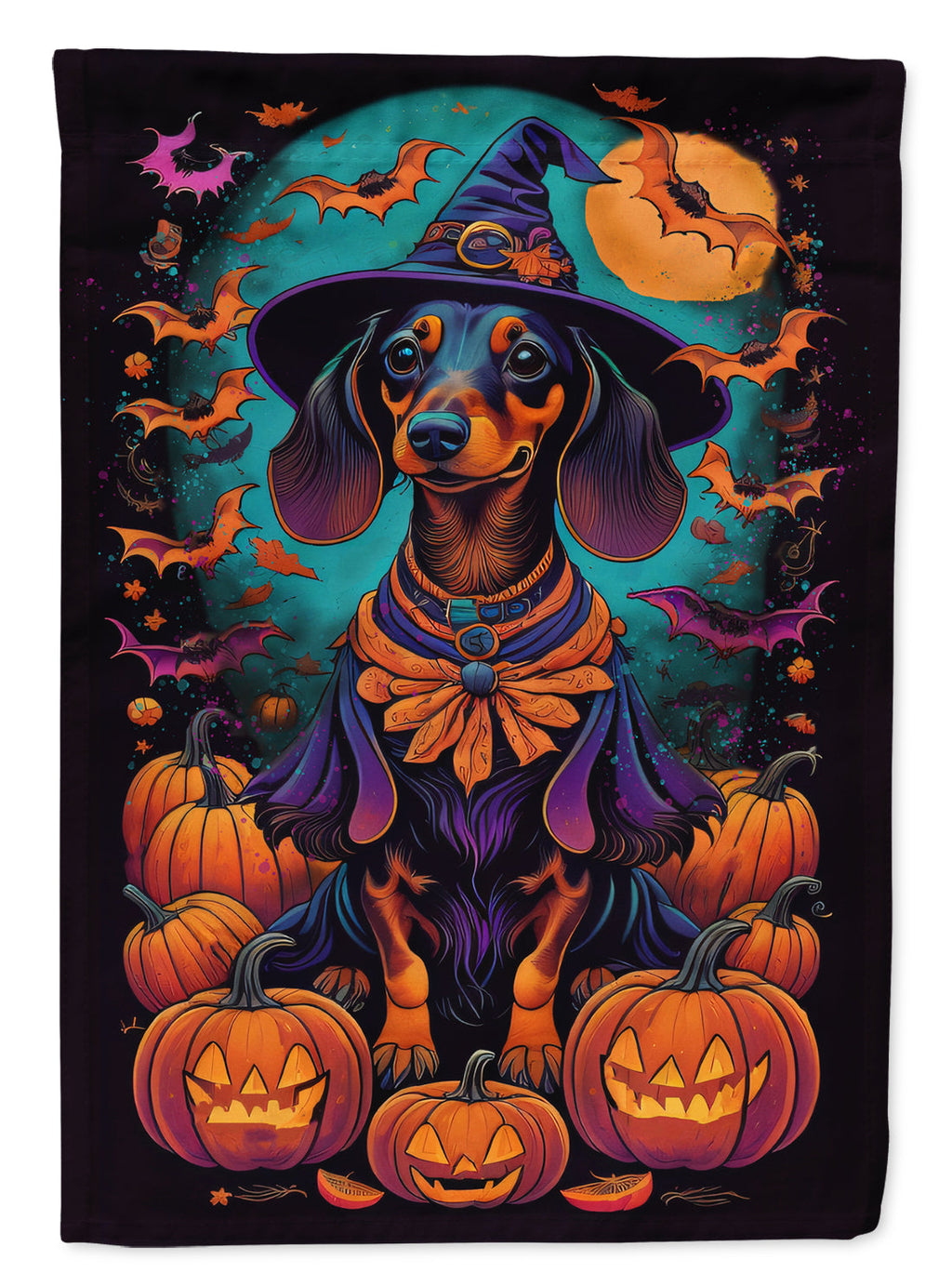 Black and Tan Dachshund Witchy Halloween House Flag 28x40 Porch Sleeve Pole Decorative Outside Yard Banner Artwork Wall Hanging, Polyester