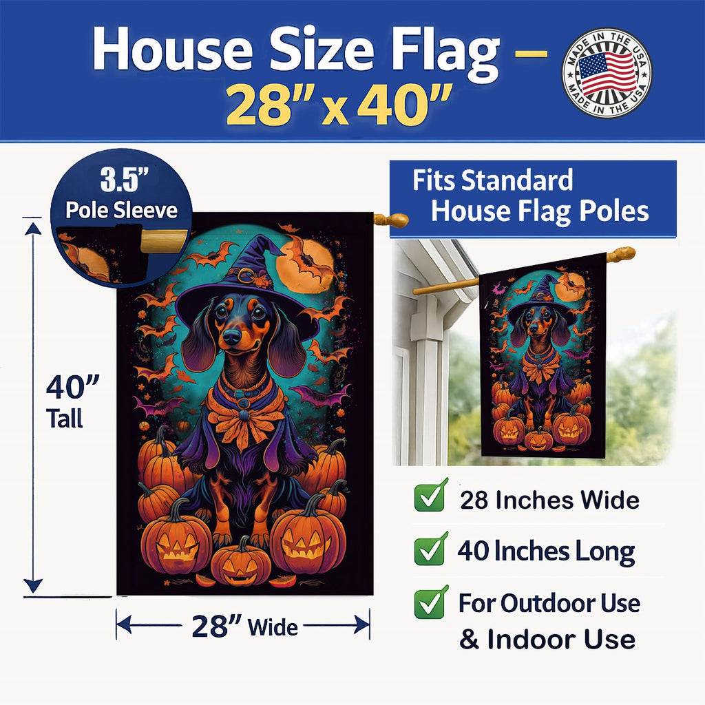 Black and Tan Dachshund Witchy Halloween House Flag 28x40 Porch Sleeve Pole Decorative Outside Yard Banner Artwork Wall Hanging, Polyester