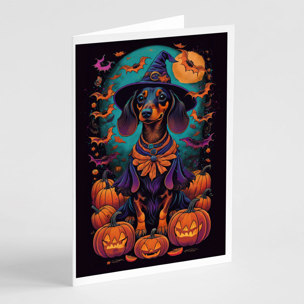 Black and Tan Dachshund Witchy Halloween Greeting Cards Pack of 8 Blank Cards with Envelopes Whimsical A7 Size 5x7