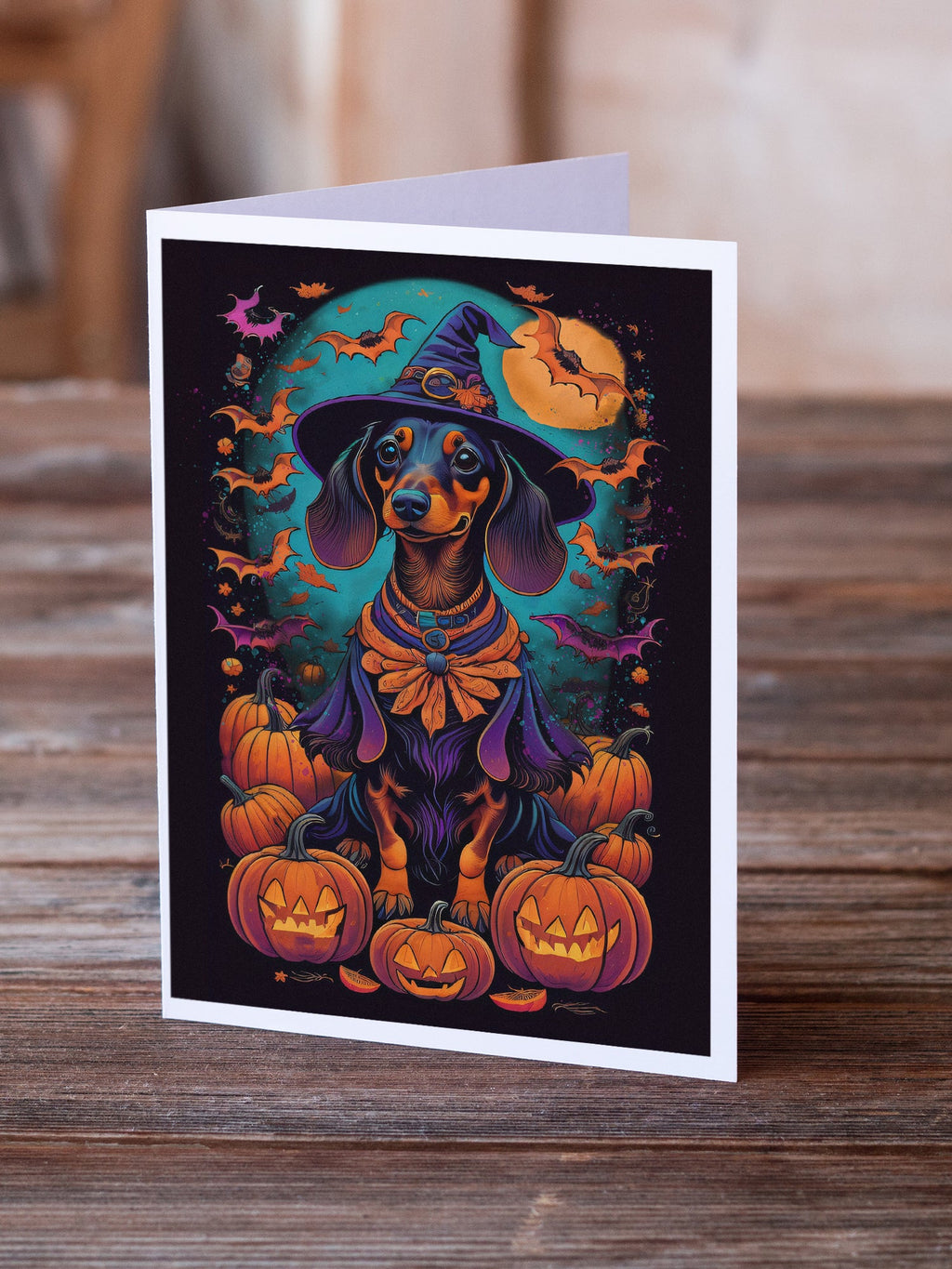 Black and Tan Dachshund Witchy Halloween Greeting Cards Pack of 8 Blank Cards with Envelopes Whimsical A7 Size 5x7