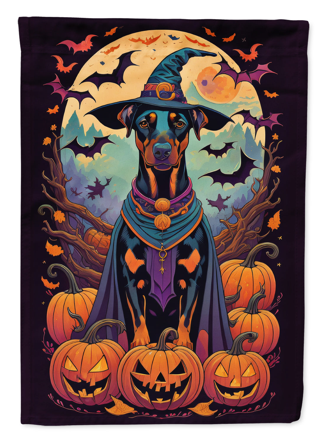 Doberman Pinscher Witchy Halloween House Flag 28x40 Porch Sleeve Pole Decorative Outside Yard Banner Artwork Wall Hanging, Polyester