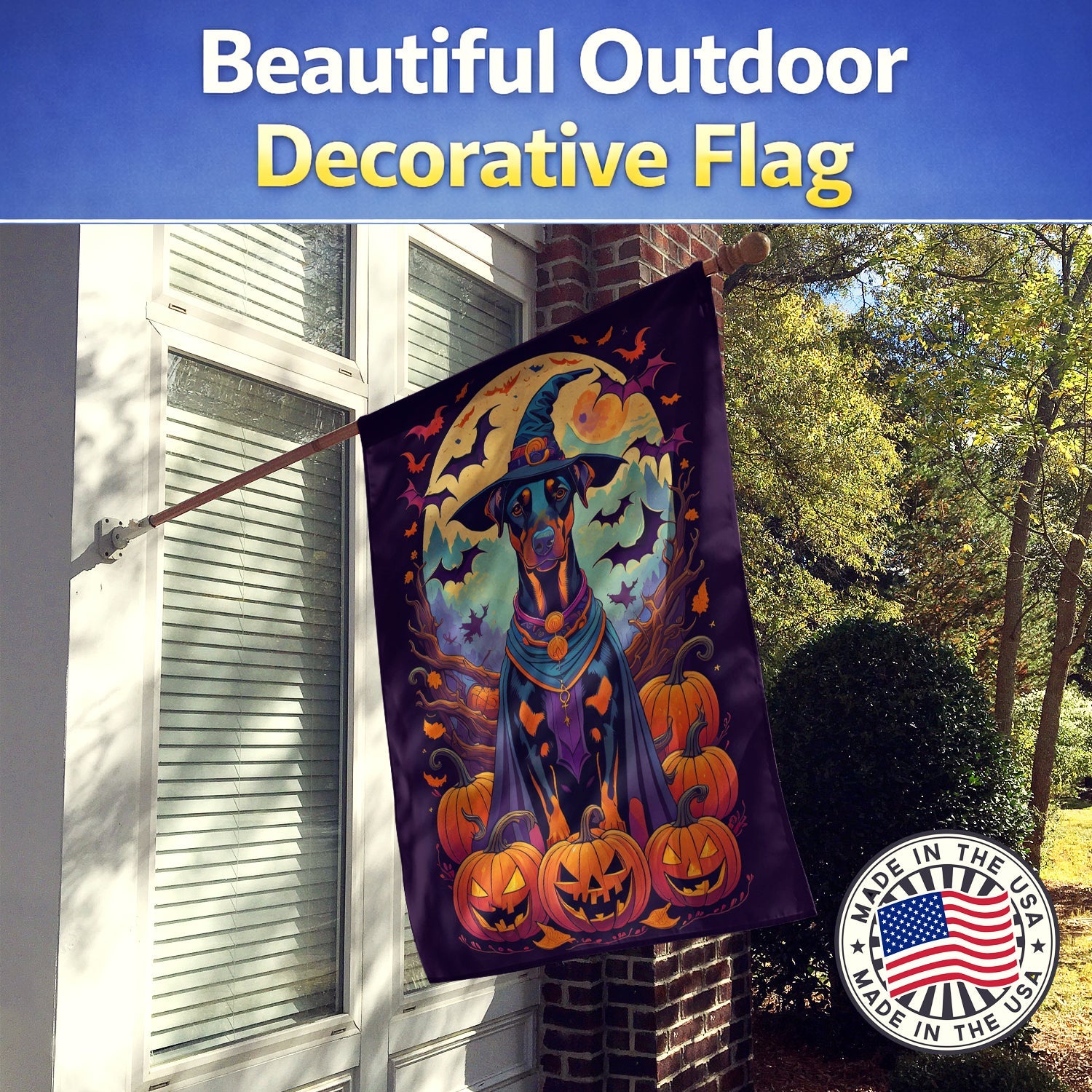 Doberman Pinscher Witchy Halloween House Flag 28x40 Porch Sleeve Pole Decorative Outside Yard Banner Artwork Wall Hanging, Polyester