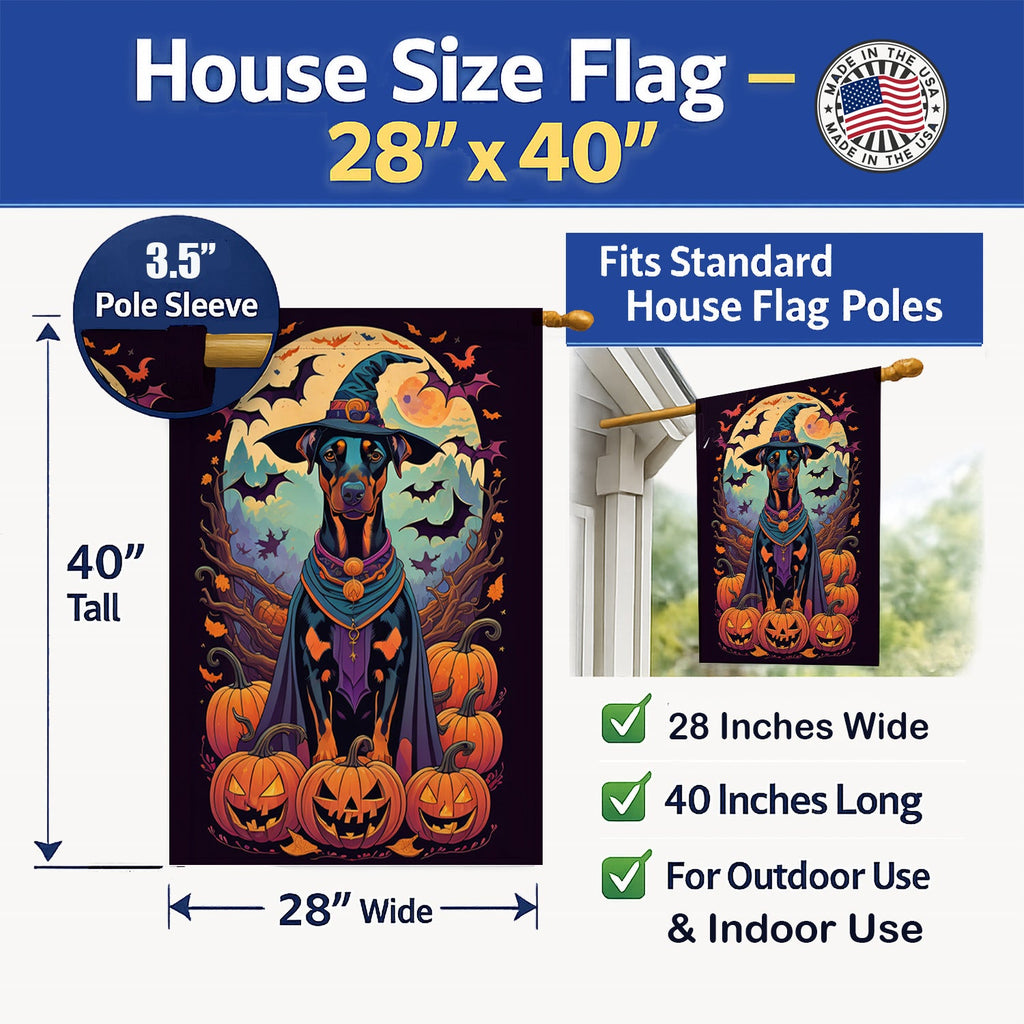 Doberman Pinscher Witchy Halloween House Flag 28x40 Porch Sleeve Pole Decorative Outside Yard Banner Artwork Wall Hanging, Polyester