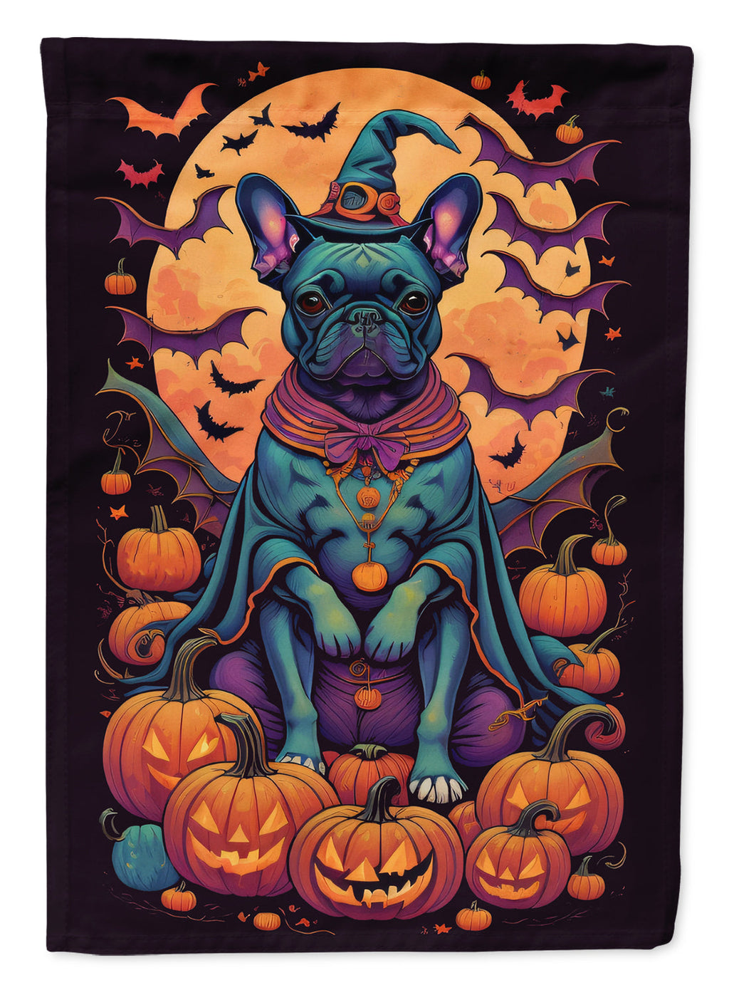 Black French Bulldog Witchy Halloween House Flag 28x40 Porch Sleeve Pole Decorative Outside Yard Banner Artwork Wall Hanging, Polyester
