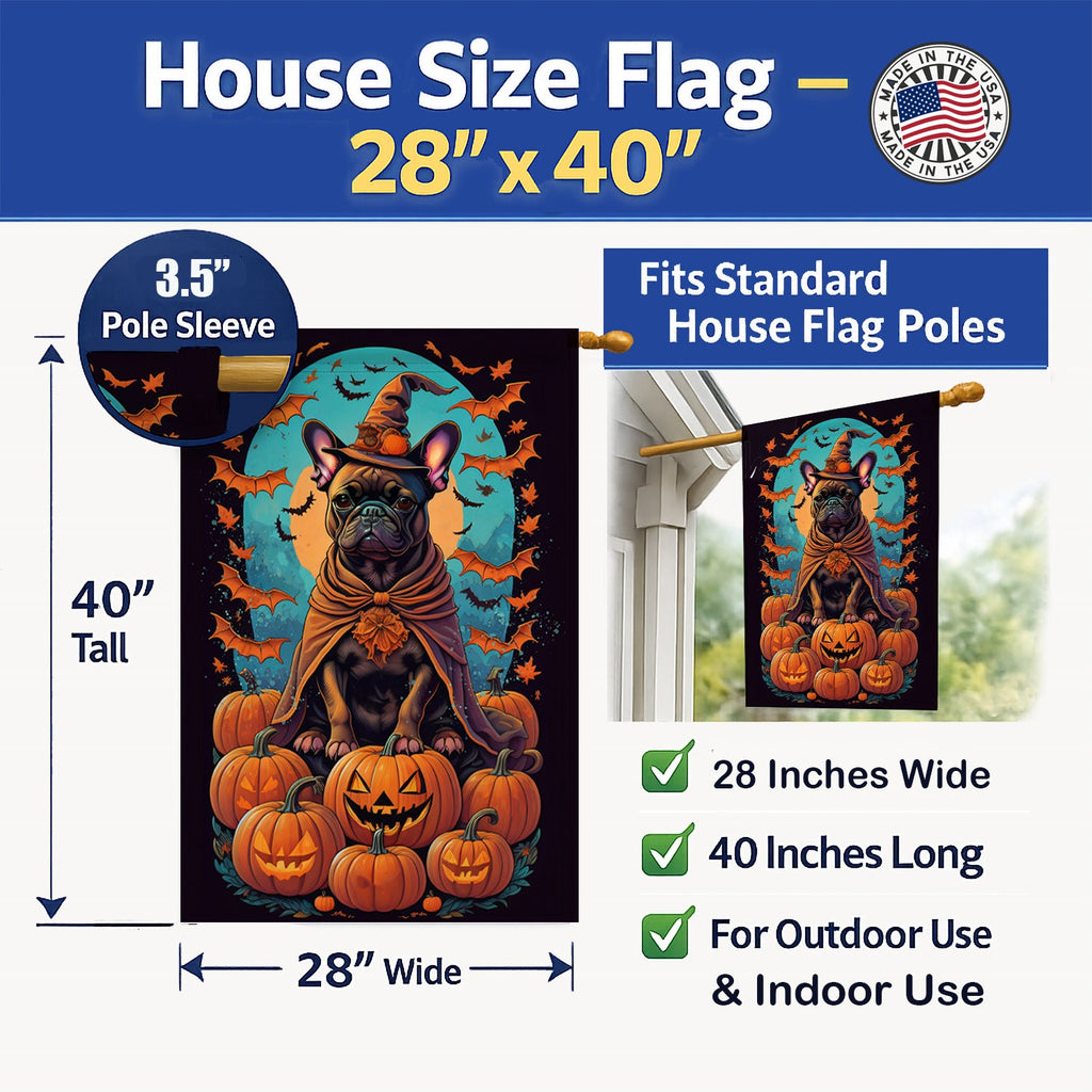 French Bulldog Witchy Halloween House Flag 28x40 Porch Sleeve Pole Decorative Outside Yard Banner Artwork Wall Hanging, Polyester