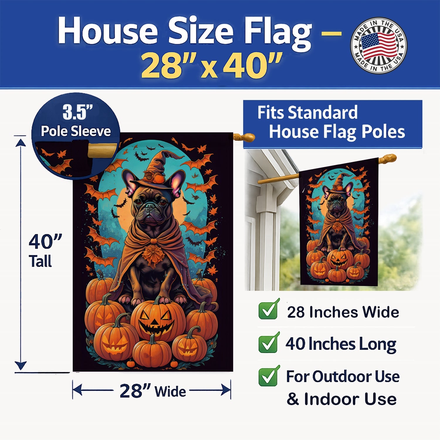 French Bulldog Witchy Halloween House Flag 28x40 Porch Sleeve Pole Decorative Outside Yard Banner Artwork Wall Hanging, Polyester
