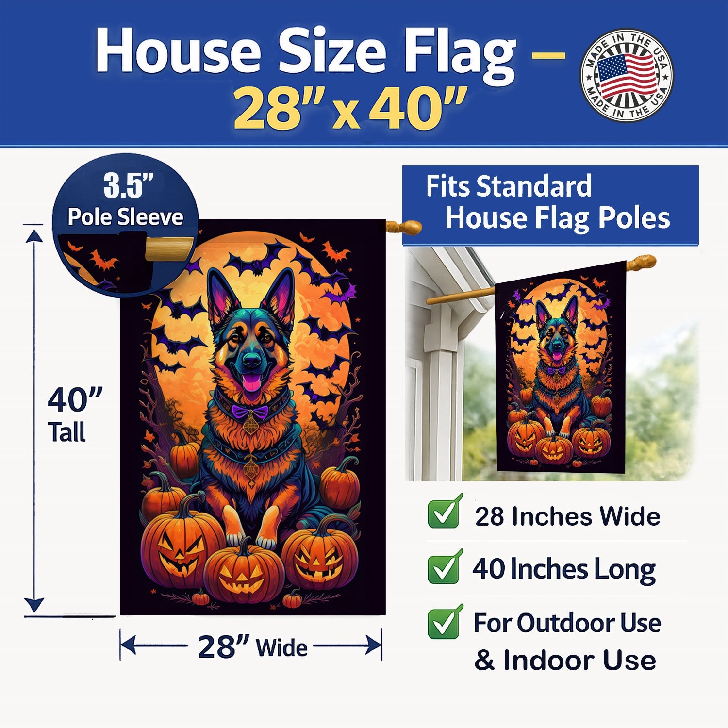 German Shepherd Witchy Halloween House Flag 28x40 Porch Sleeve Pole Decorative Outside Yard Banner Artwork Wall Hanging, Polyester