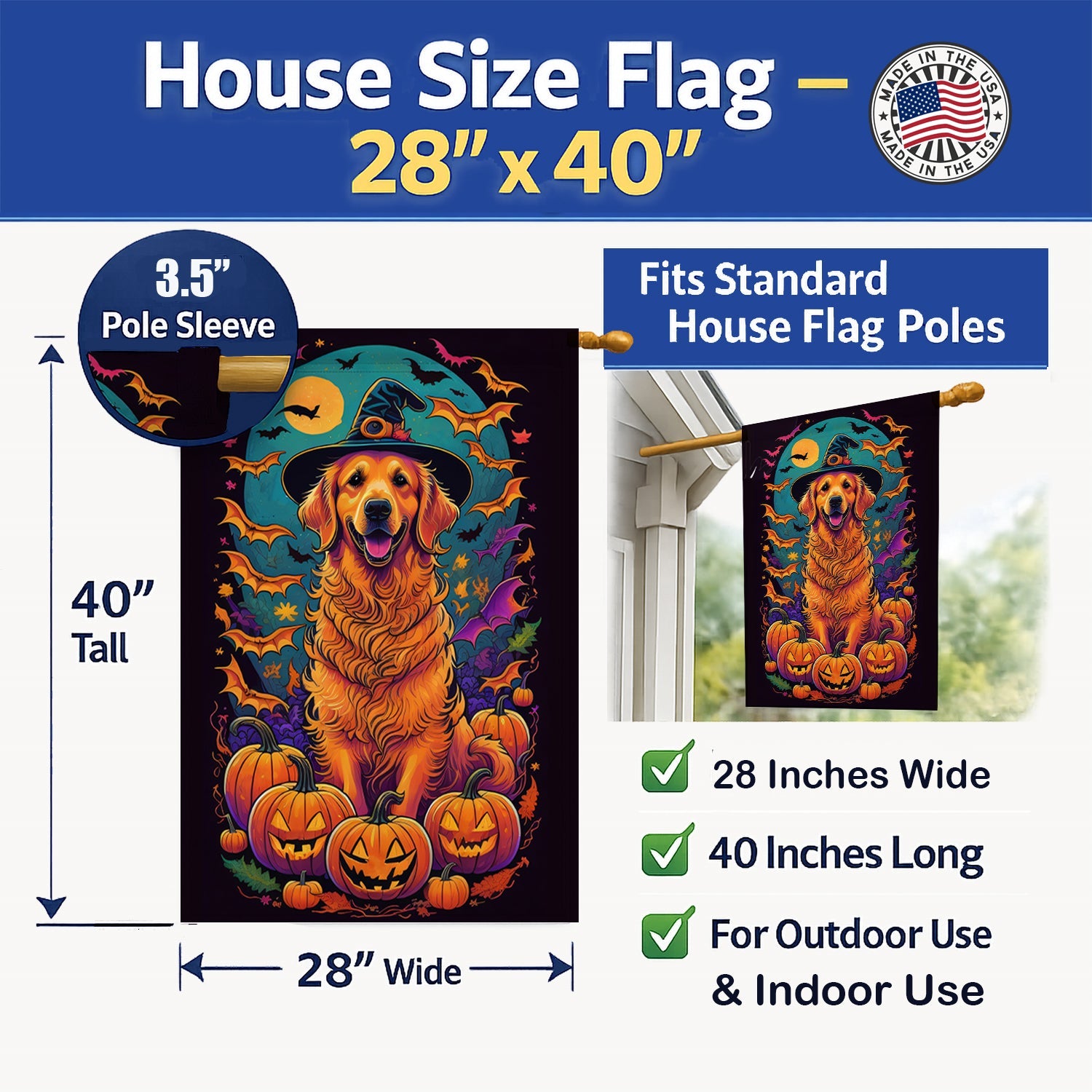Golden Retriever Witchy Halloween House Flag 28x40 Porch Sleeve Pole Decorative Outside Yard Banner Artwork Wall Hanging, Polyester