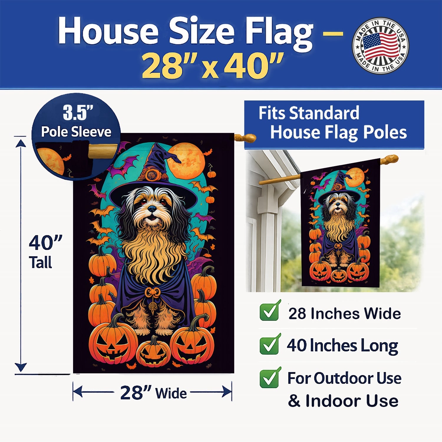 Havanese Witchy Halloween House Flag 28x40 Porch Sleeve Pole Decorative Outside Yard Banner Artwork Wall Hanging, Polyester
