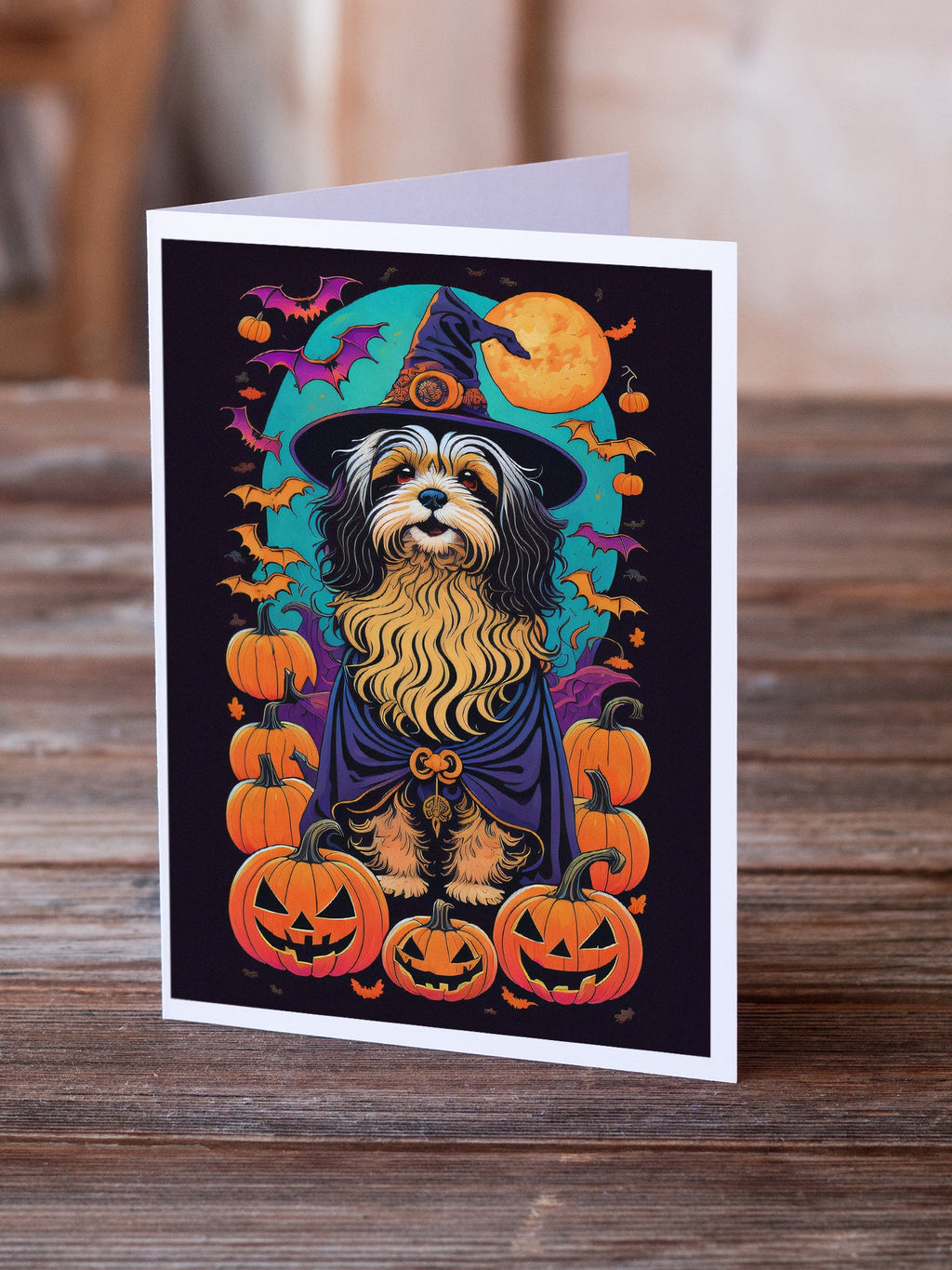 Havanese Witchy Halloween Greeting Cards Pack of 8 Blank Cards with Envelopes Whimsical A7 Size 5x7