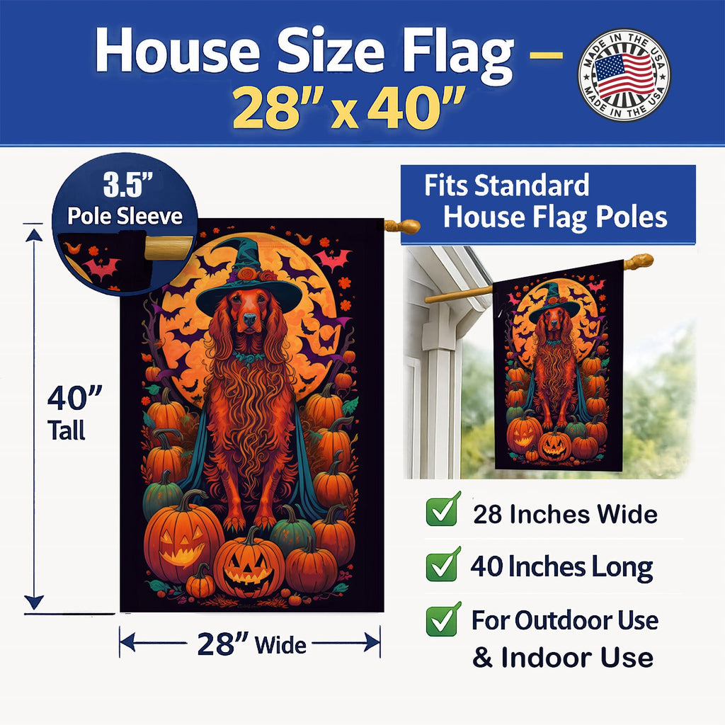 Irish Setter Witchy Halloween House Flag 28x40 Porch Sleeve Pole Decorative Outside Yard Banner Artwork Wall Hanging, Polyester