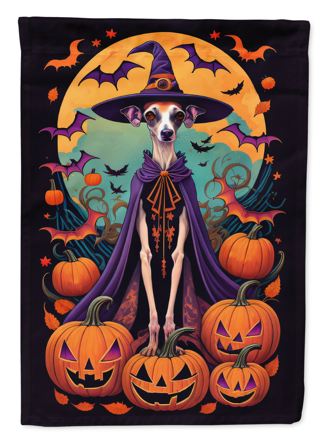 Italian Greyhound Witchy Halloween House Flag 28x40 Porch Sleeve Pole Decorative Outside Yard Banner Artwork Wall Hanging, Polyester