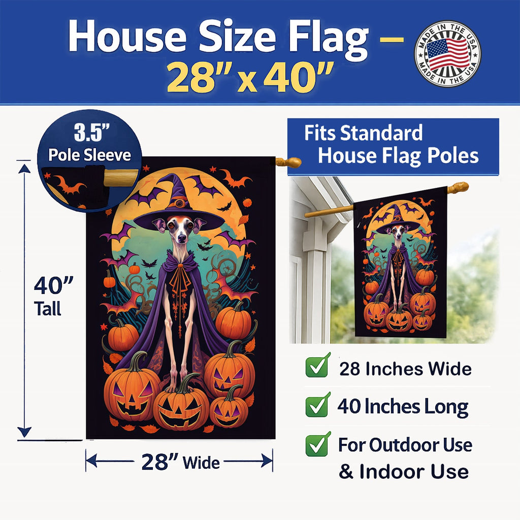Italian Greyhound Witchy Halloween House Flag 28x40 Porch Sleeve Pole Decorative Outside Yard Banner Artwork Wall Hanging, Polyester