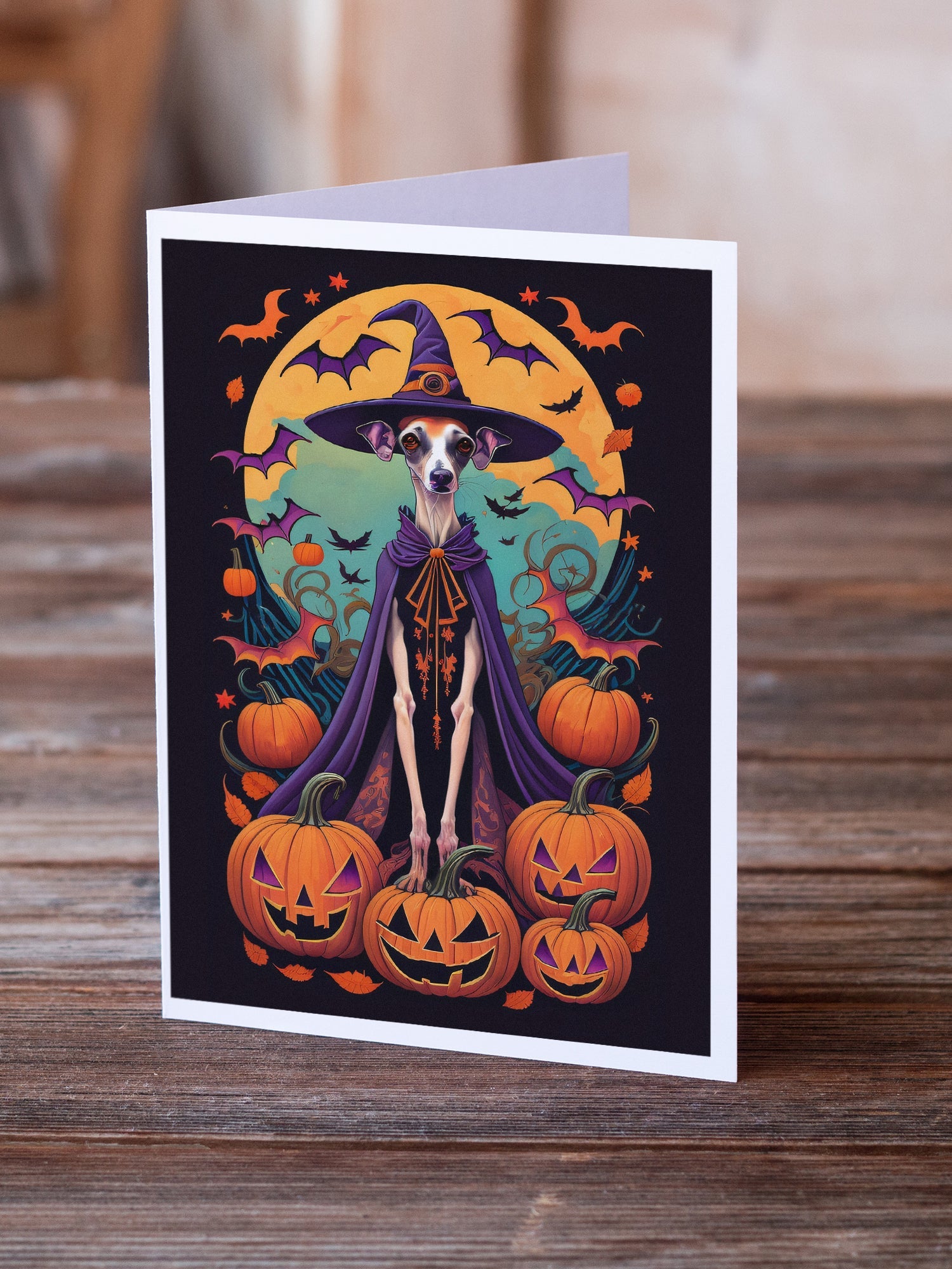 Italian Greyhound Witchy Halloween Greeting Cards Pack of 8 Blank Cards with Envelopes Whimsical A7 Size 5x7
