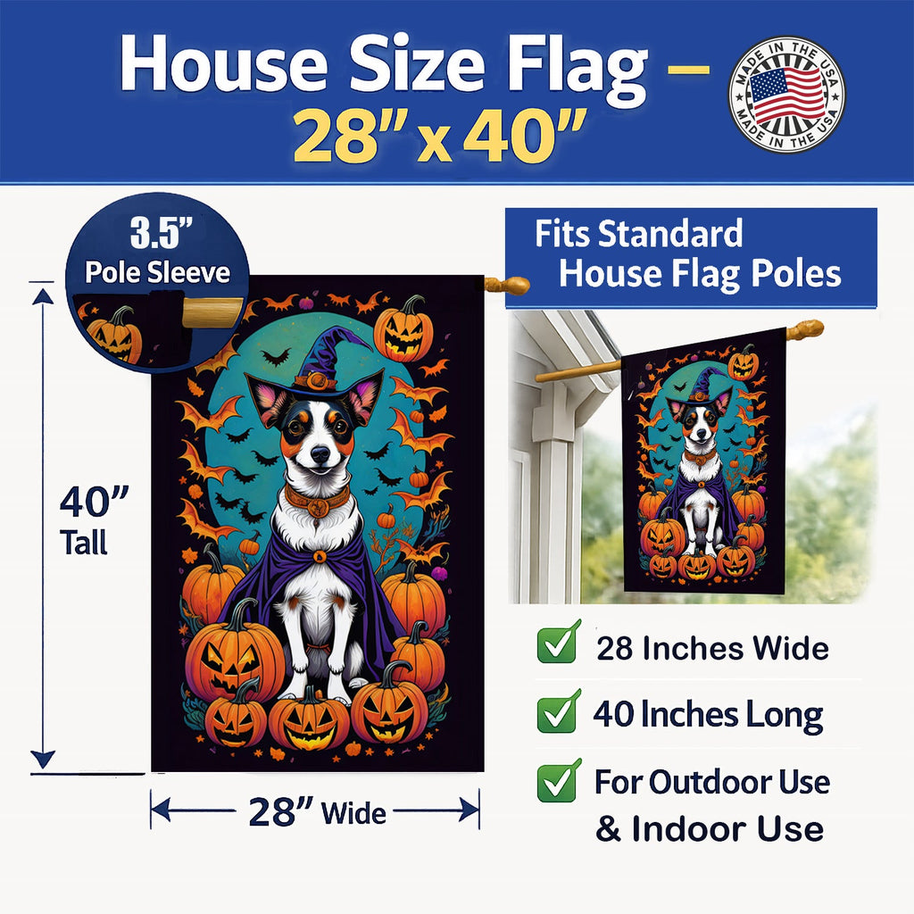 Jack Russell Terrier Witchy Halloween House Flag 28x40 Porch Sleeve Pole Decorative Outside Yard Banner Artwork Wall Hanging, Polyester