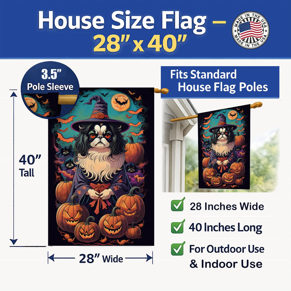 Japanese Chin Witchy Halloween House Flag 28x40 Porch Sleeve Pole Decorative Outside Yard Banner Artwork Wall Hanging, Polyester