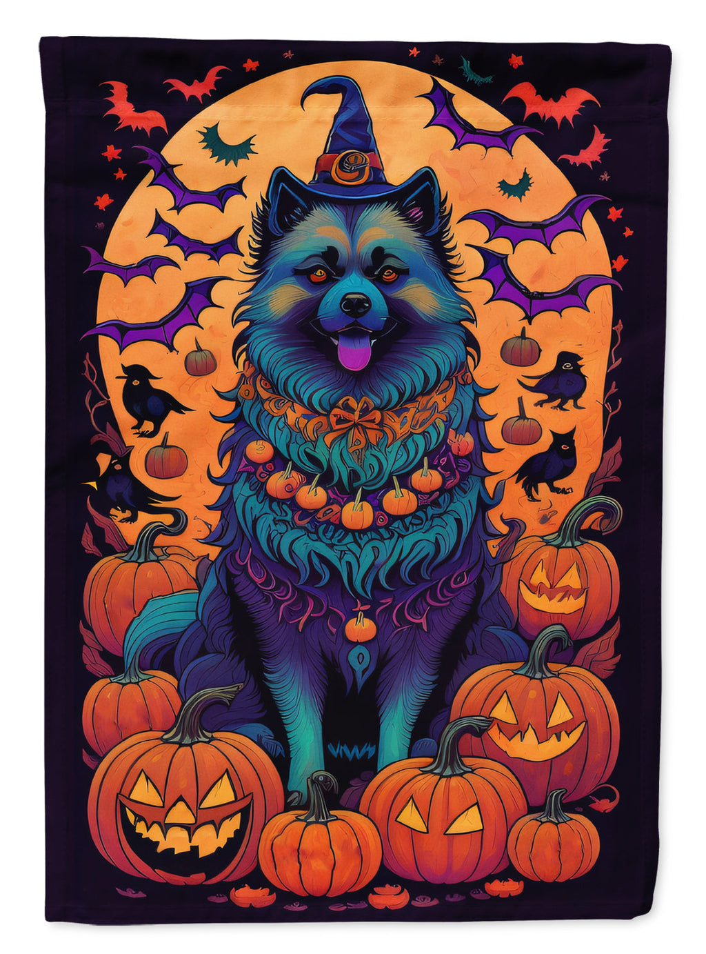 Keeshond Witchy Halloween House Flag 28x40 Porch Sleeve Pole Decorative Outside Yard Banner Artwork Wall Hanging, Polyester