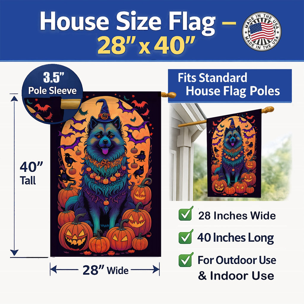 Keeshond Witchy Halloween House Flag 28x40 Porch Sleeve Pole Decorative Outside Yard Banner Artwork Wall Hanging, Polyester