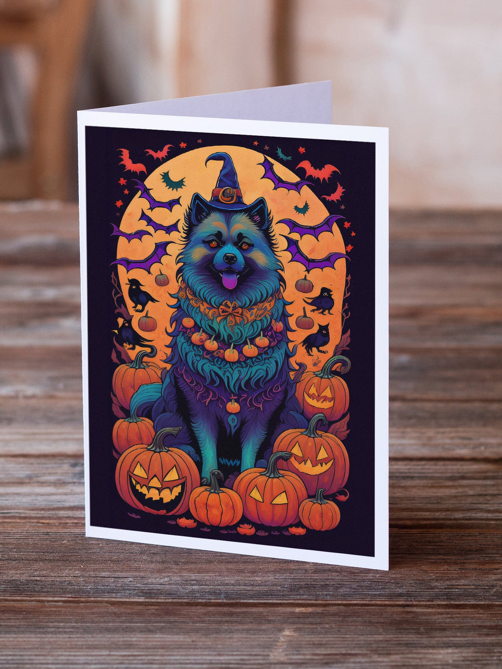 Keeshond Witchy Halloween Greeting Cards Pack of 8 Blank Cards with Envelopes Whimsical A7 Size 5x7