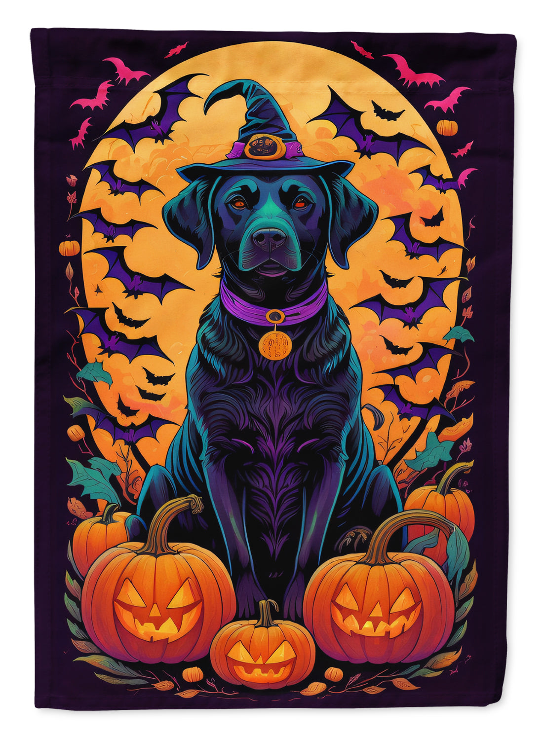 Black Labrador Retriever Witchy Halloween House Flag 28x40 Porch Sleeve Pole Decorative Outside Yard Banner Artwork Wall Hanging, Polyester