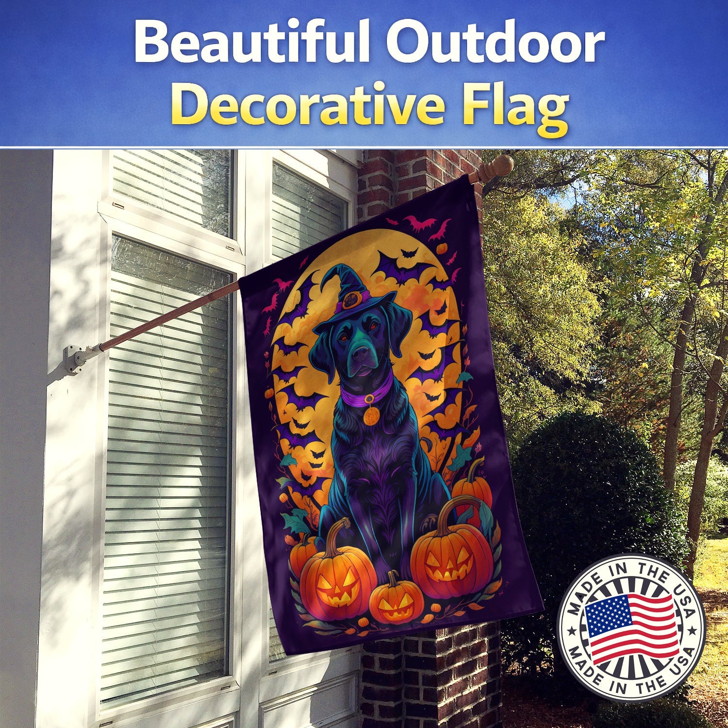 Black Labrador Retriever Witchy Halloween House Flag 28x40 Porch Sleeve Pole Decorative Outside Yard Banner Artwork Wall Hanging, Polyester