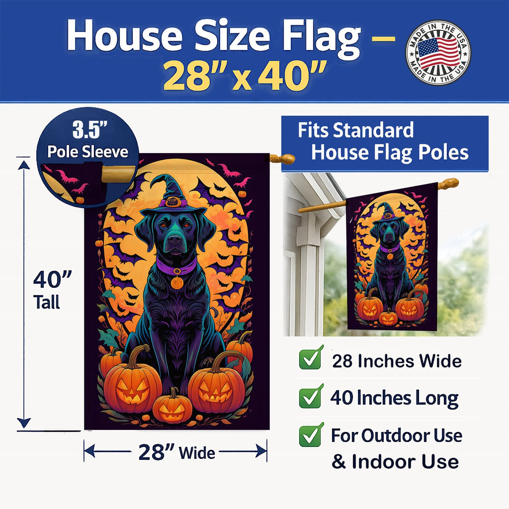 Black Labrador Retriever Witchy Halloween House Flag 28x40 Porch Sleeve Pole Decorative Outside Yard Banner Artwork Wall Hanging, Polyester