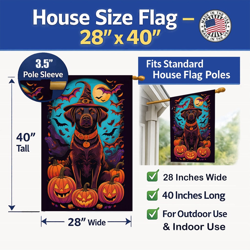 Chocolate Labrador Retriever Witchy Halloween House Flag 28x40 Porch Sleeve Pole Decorative Outside Yard Banner Artwork Wall Hanging, Polyester