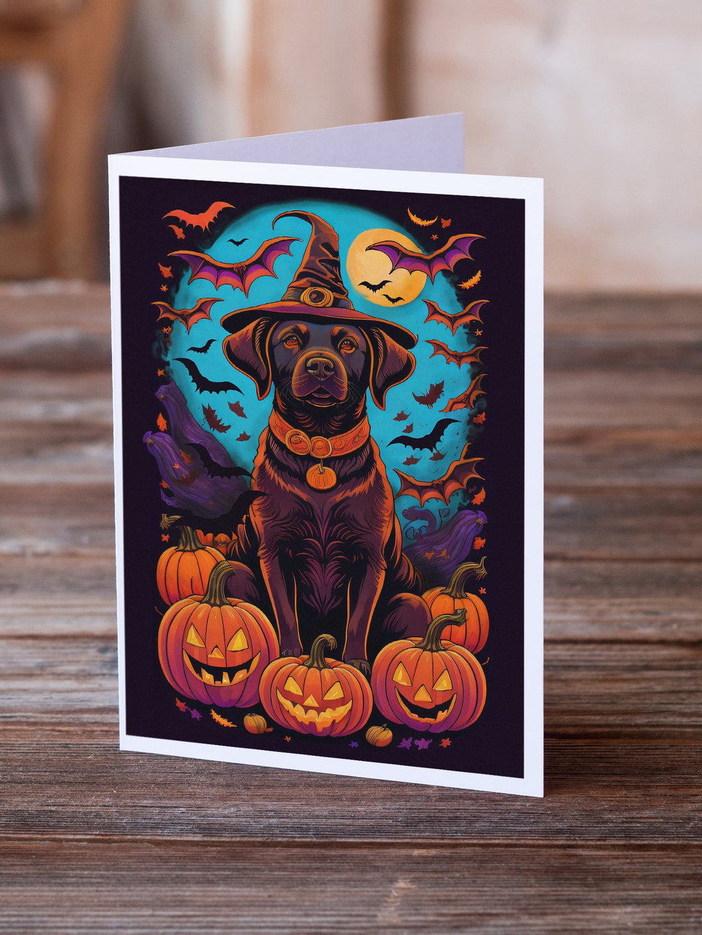 Chocolate Labrador Retriever Witchy Halloween Greeting Cards Pack of 8 Blank Cards with Envelopes Whimsical A7 Size 5x7