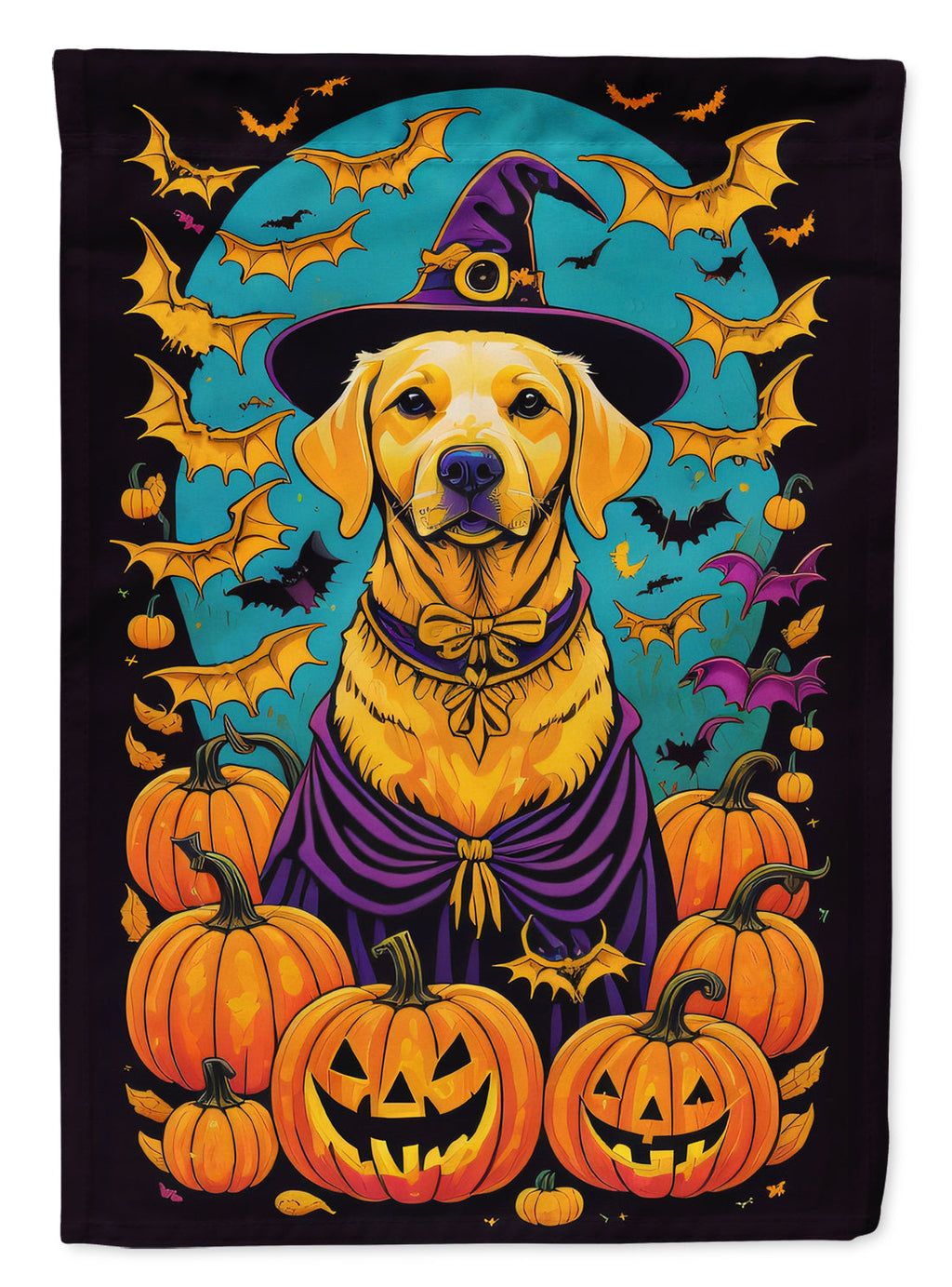 Yellow Labrador Retriever Witchy Halloween House Flag 28x40 Porch Sleeve Pole Decorative Outside Yard Banner Artwork Wall Hanging, Polyester