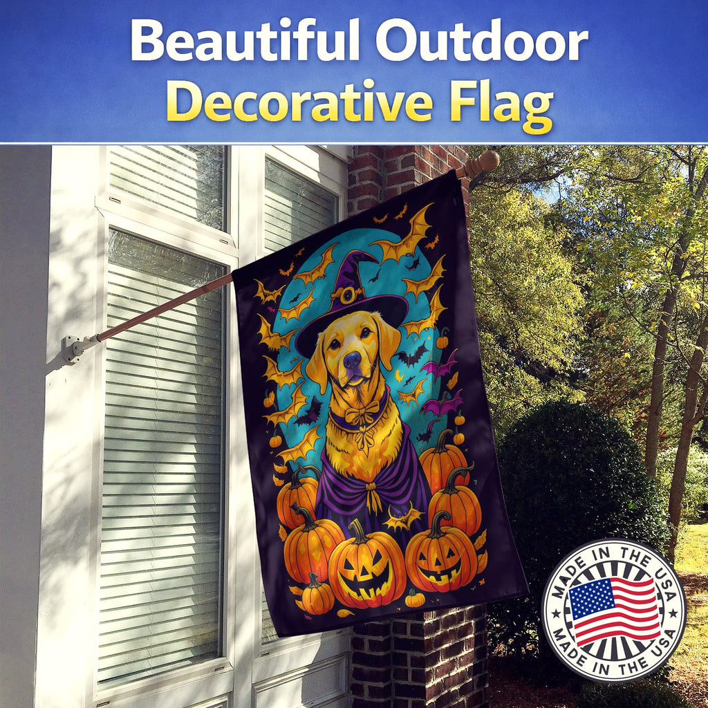 Yellow Labrador Retriever Witchy Halloween House Flag 28x40 Porch Sleeve Pole Decorative Outside Yard Banner Artwork Wall Hanging, Polyester