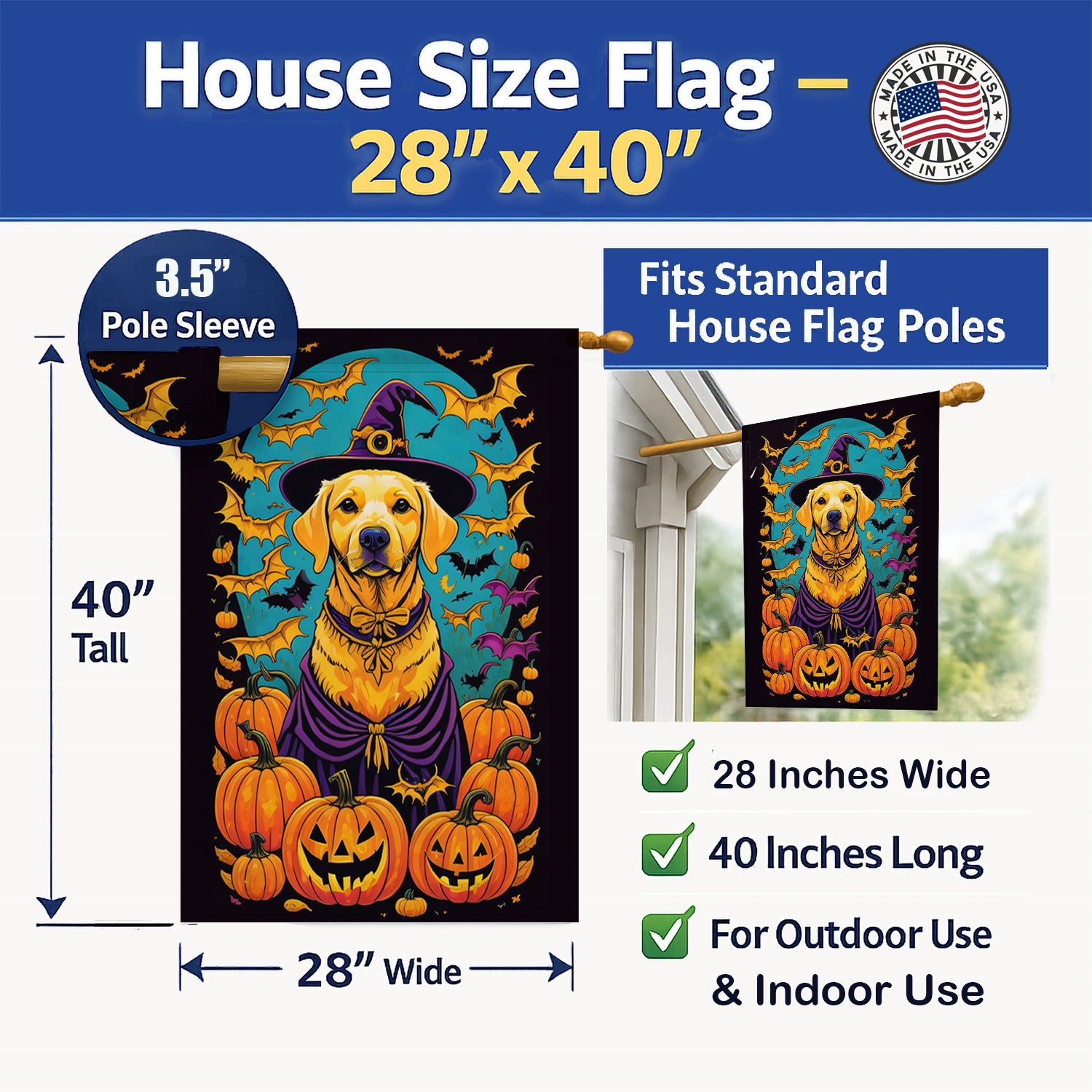 Yellow Labrador Retriever Witchy Halloween House Flag 28x40 Porch Sleeve Pole Decorative Outside Yard Banner Artwork Wall Hanging, Polyester