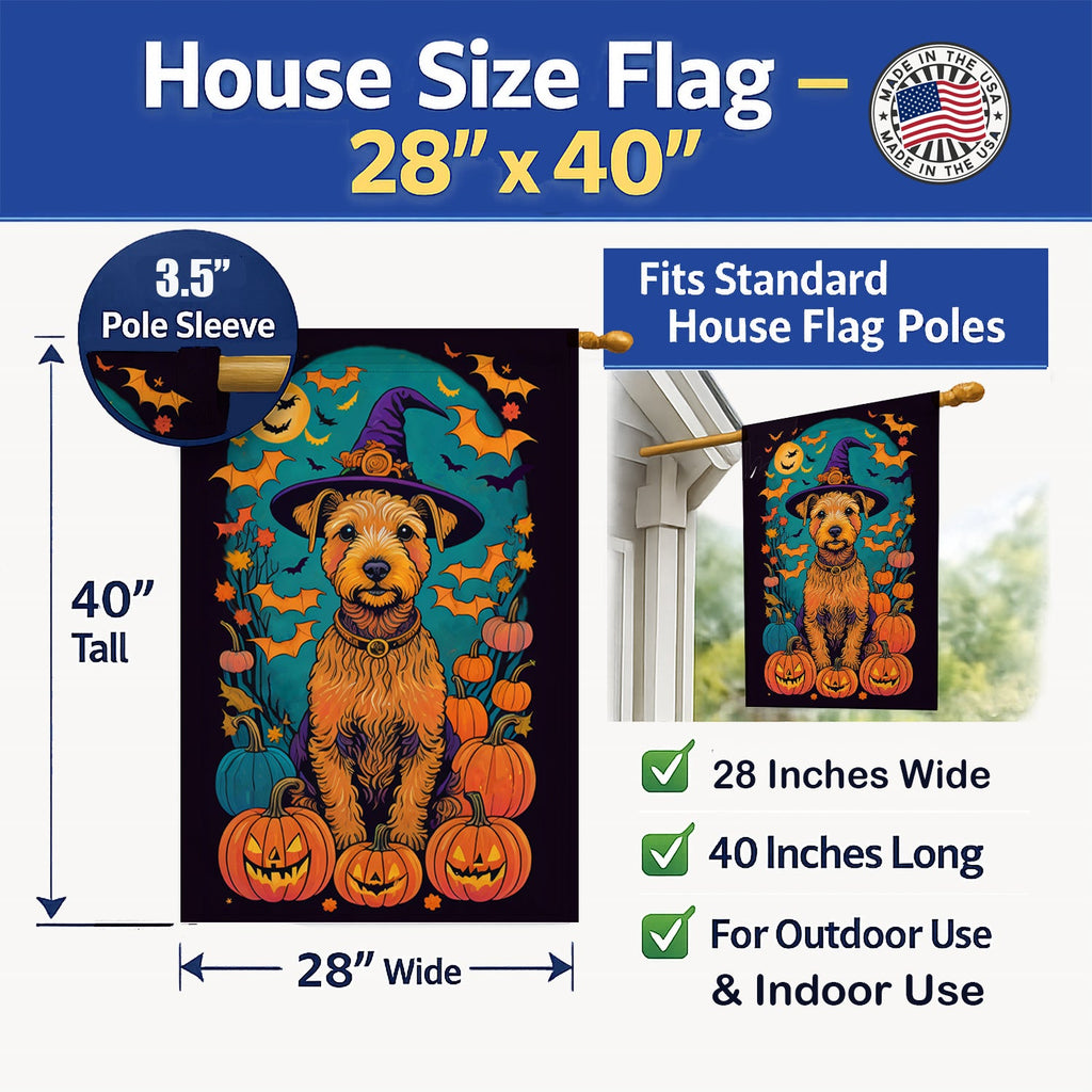 Lakeland Terrier Witchy Halloween House Flag 28x40 Porch Sleeve Pole Decorative Outside Yard Banner Artwork Wall Hanging, Polyester