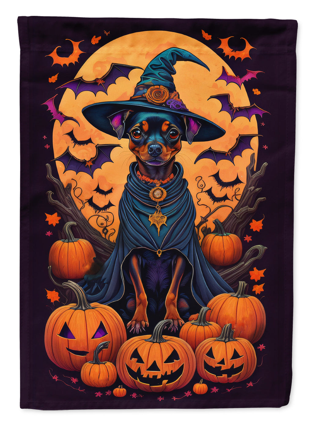 Miniature Pinscher Witchy Halloween House Flag 28x40 Porch Sleeve Pole Decorative Outside Yard Banner Artwork Wall Hanging, Polyester