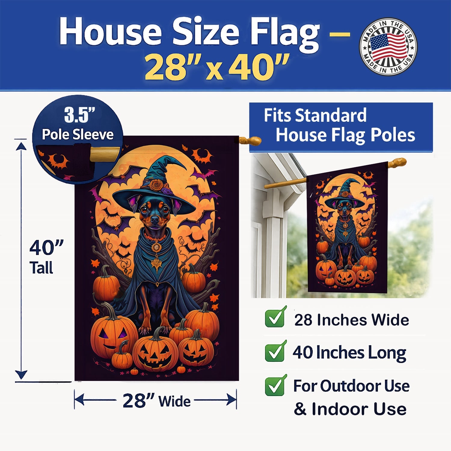 Miniature Pinscher Witchy Halloween House Flag 28x40 Porch Sleeve Pole Decorative Outside Yard Banner Artwork Wall Hanging, Polyester