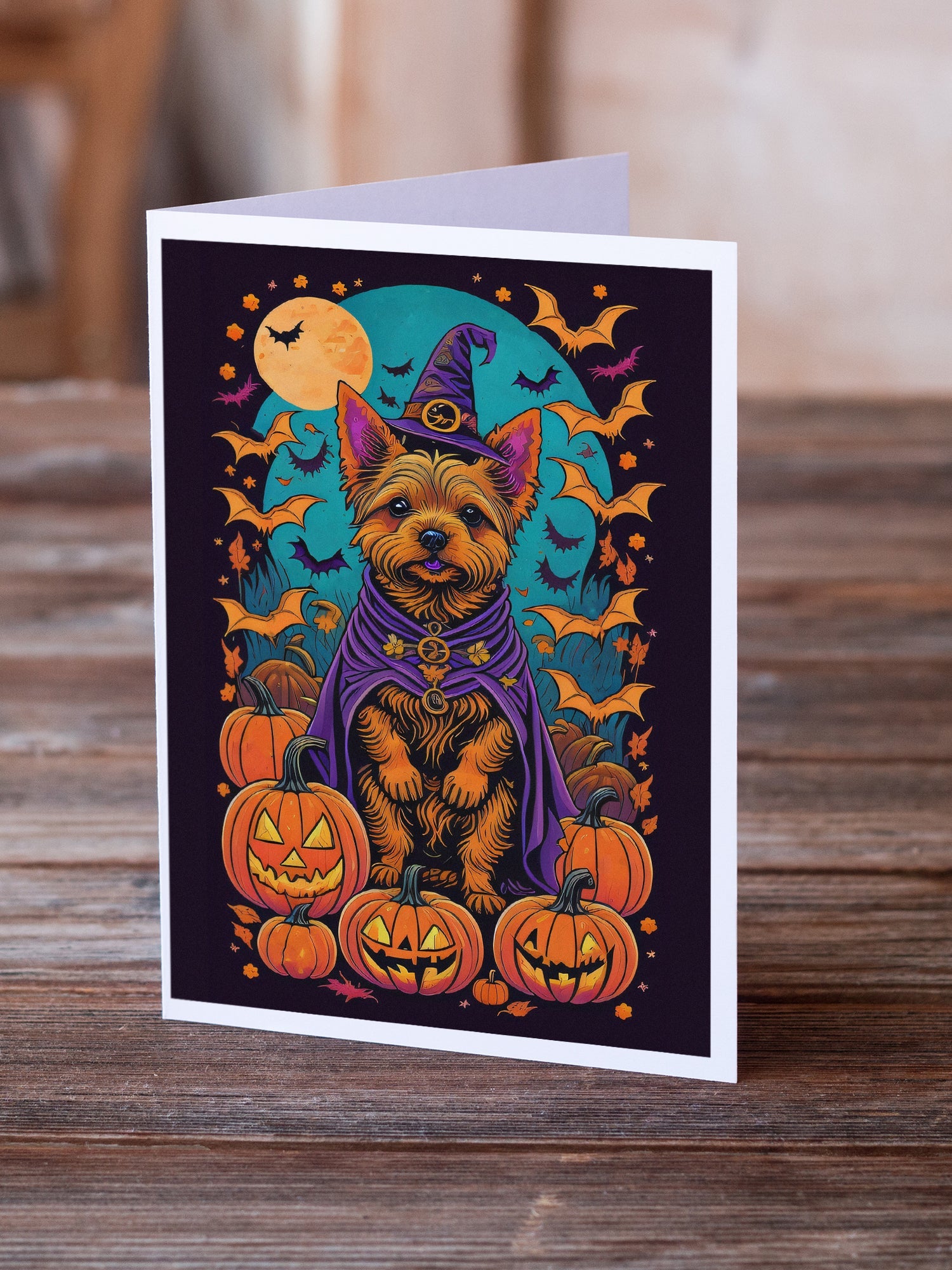 Norwich Terrier Witchy Halloween Greeting Cards Pack of 8 Blank Cards with Envelopes Whimsical A7 Size 5x7