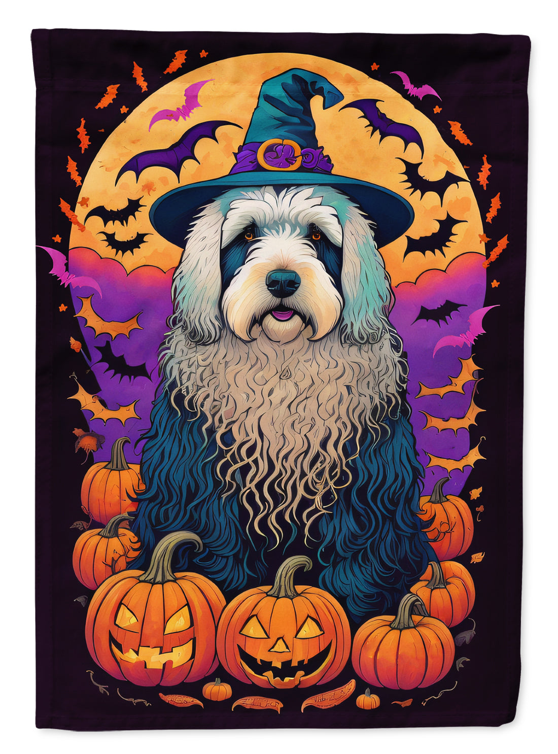Old English Sheepdog Witchy Halloween House Flag 28x40 Porch Sleeve Pole Decorative Outside Yard Banner Artwork Wall Hanging, Polyester