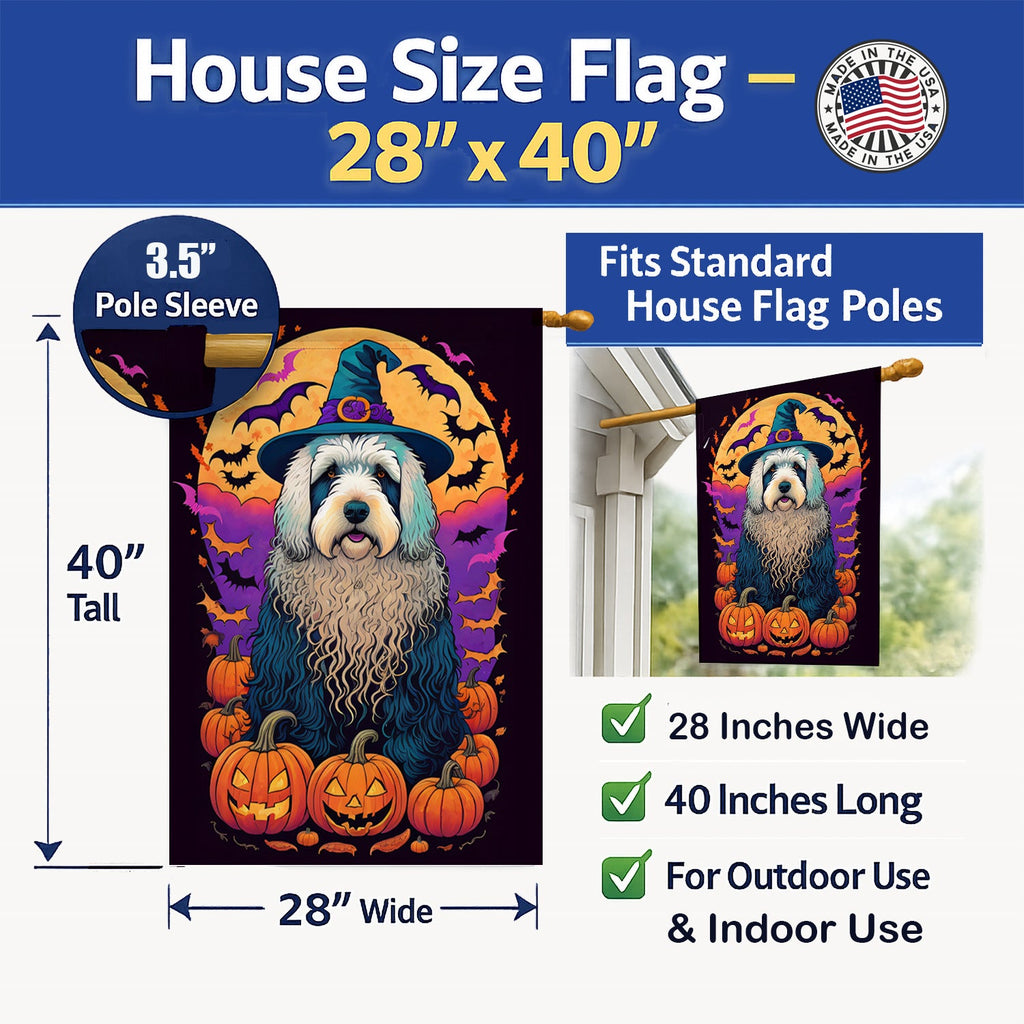 Old English Sheepdog Witchy Halloween House Flag 28x40 Porch Sleeve Pole Decorative Outside Yard Banner Artwork Wall Hanging, Polyester