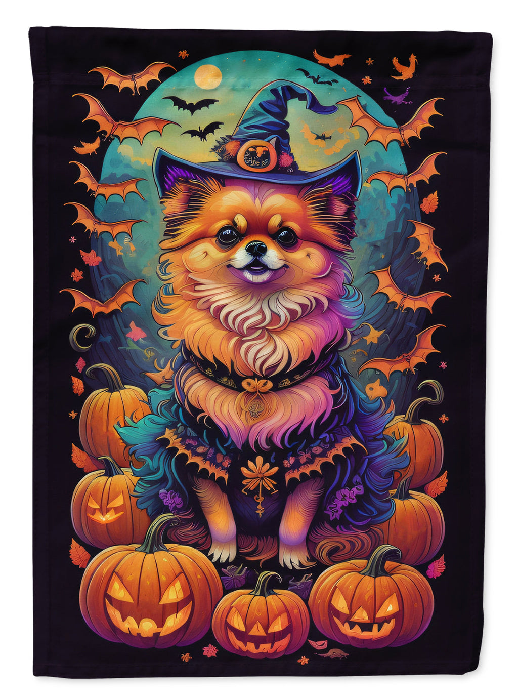 Pomeranian Witchy Halloween House Flag 28x40 Porch Sleeve Pole Decorative Outside Yard Banner Artwork Wall Hanging, Polyester