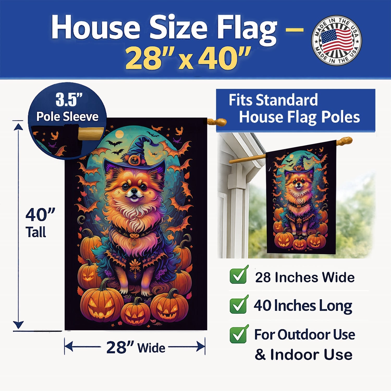 Pomeranian Witchy Halloween House Flag 28x40 Porch Sleeve Pole Decorative Outside Yard Banner Artwork Wall Hanging, Polyester