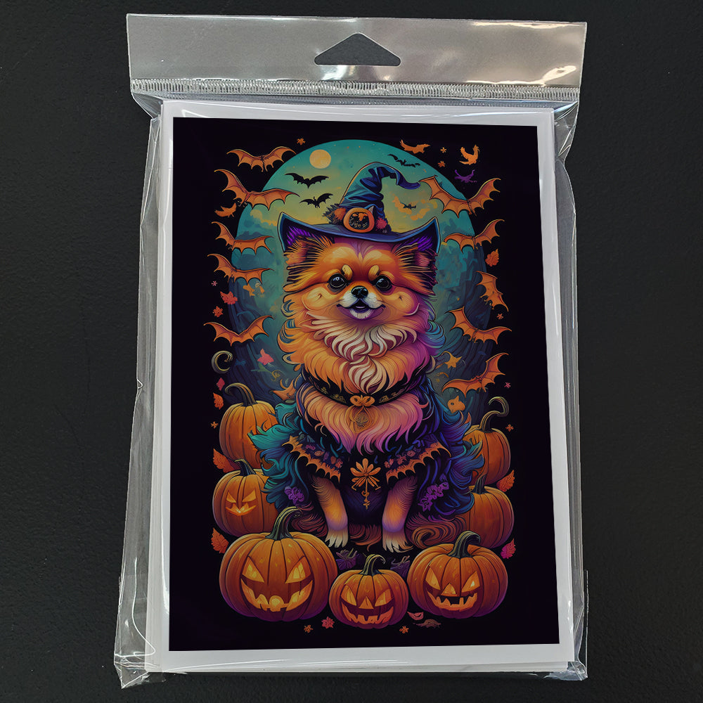 Pomeranian Witchy Halloween Greeting Cards Pack of 8 Blank Cards with Envelopes Whimsical A7 Size 5x7