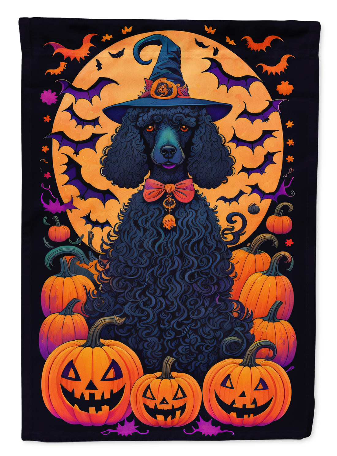 Black Standard Poodle Witchy Halloween House Flag 28x40 Porch Sleeve Pole Decorative Outside Yard Banner Artwork Wall Hanging, Polyester