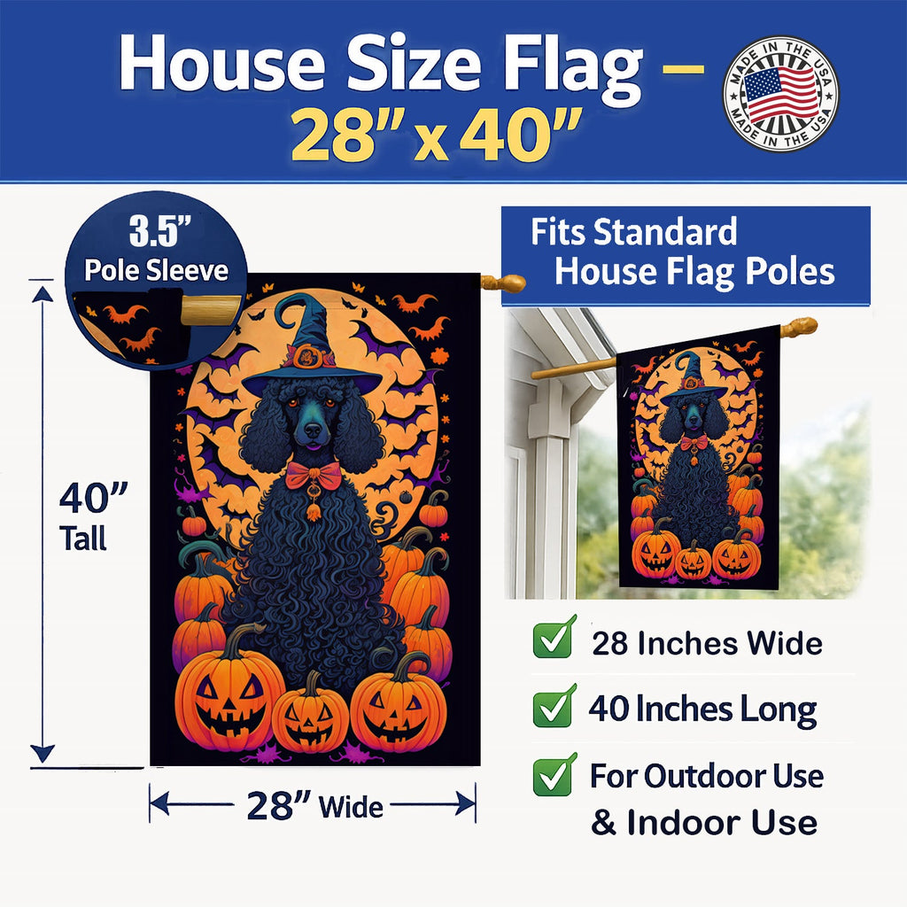 Black Standard Poodle Witchy Halloween House Flag 28x40 Porch Sleeve Pole Decorative Outside Yard Banner Artwork Wall Hanging, Polyester
