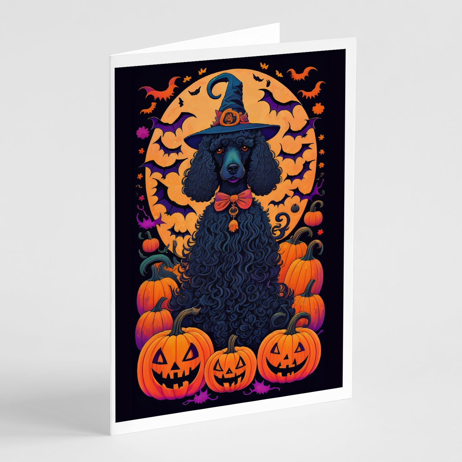 Black Standard Poodle Witchy Halloween Greeting Cards Pack of 8 Blank Cards with Envelopes Whimsical A7 Size 5x7