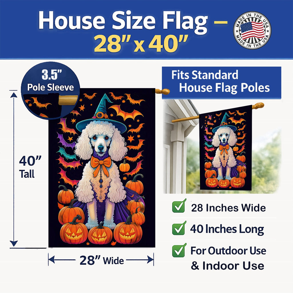 White Standard Poodle Witchy Halloween House Flag 28x40 Porch Sleeve Pole Decorative Outside Yard Banner Artwork Wall Hanging, Polyester
