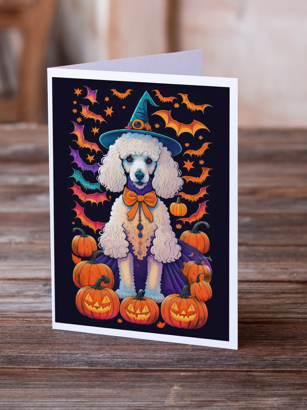 White Standard Poodle Witchy Halloween Greeting Cards Pack of 8 Blank Cards with Envelopes Whimsical A7 Size 5x7