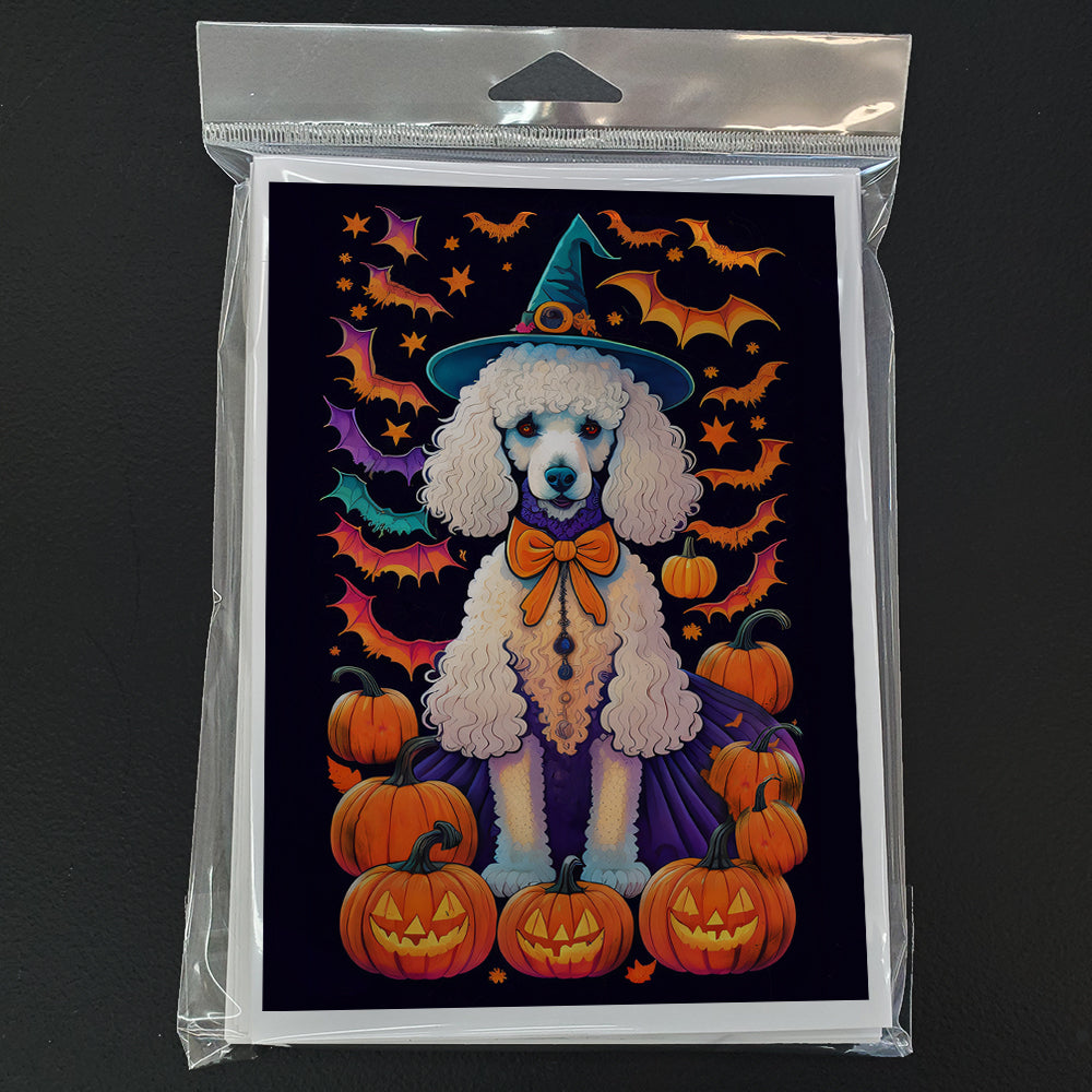White Standard Poodle Witchy Halloween Greeting Cards Pack of 8 Blank Cards with Envelopes Whimsical A7 Size 5x7