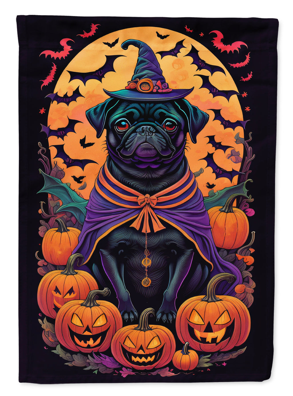 Black Pug Witchy Halloween House Flag 28x40 Porch Sleeve Pole Decorative Outside Yard Banner Artwork Wall Hanging, Polyester