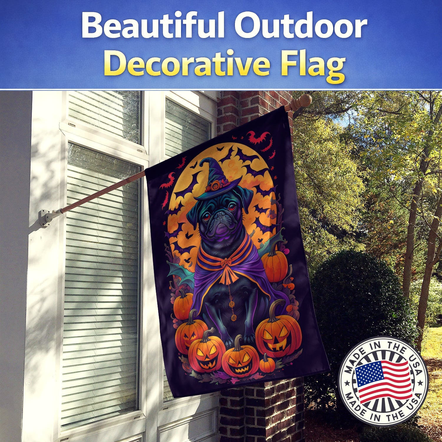 Black Pug Witchy Halloween House Flag 28x40 Porch Sleeve Pole Decorative Outside Yard Banner Artwork Wall Hanging, Polyester