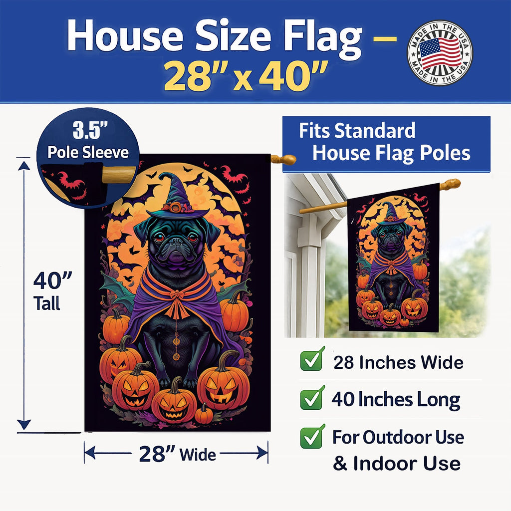 Black Pug Witchy Halloween House Flag 28x40 Porch Sleeve Pole Decorative Outside Yard Banner Artwork Wall Hanging, Polyester