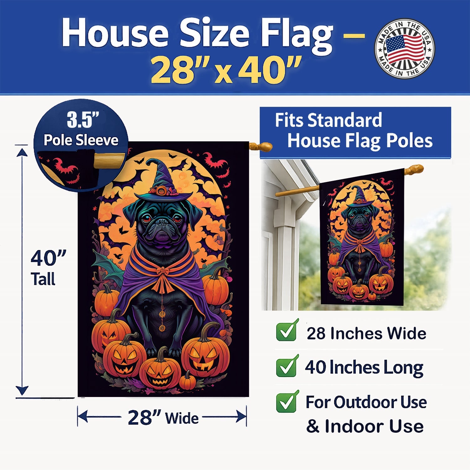 Black Pug Witchy Halloween House Flag 28x40 Porch Sleeve Pole Decorative Outside Yard Banner Artwork Wall Hanging, Polyester